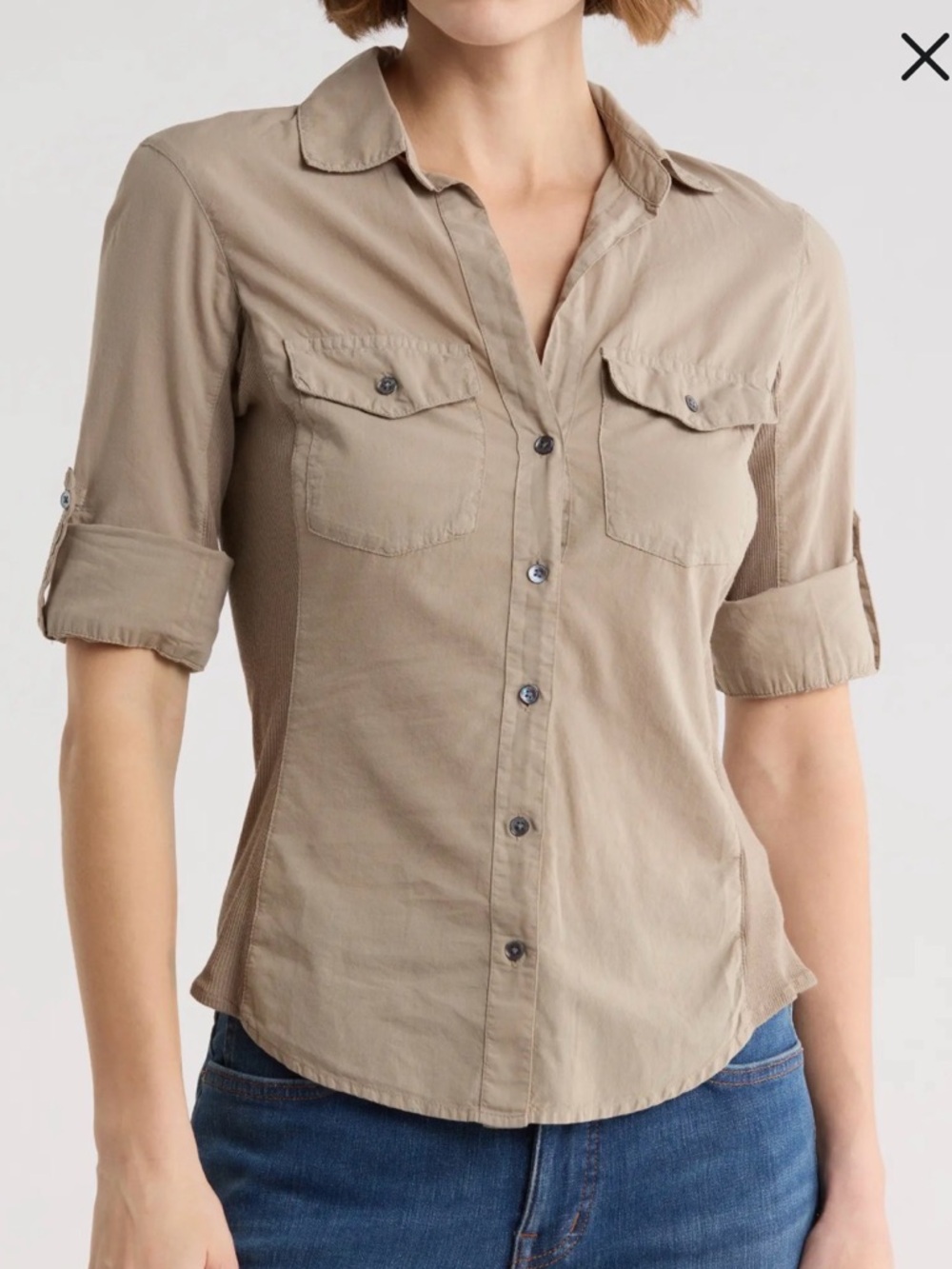 James Perse Contrast Panel Shirt Women’s Size 2 Khaki Button Up Ribbed Sides EUC
